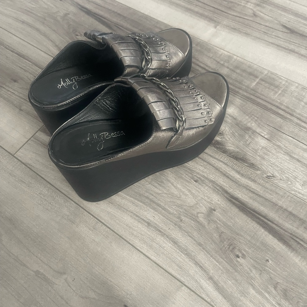 Molly Bessa Silver Wedge Shoes with Reflective Finish